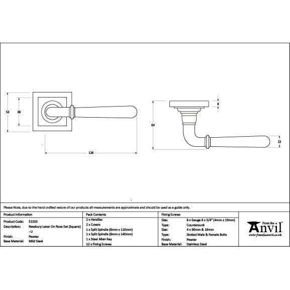 From The Anvil - Pewter Newbury Lever on Rose Set (Square) - Unsprung - Pewter Patina  - 51333