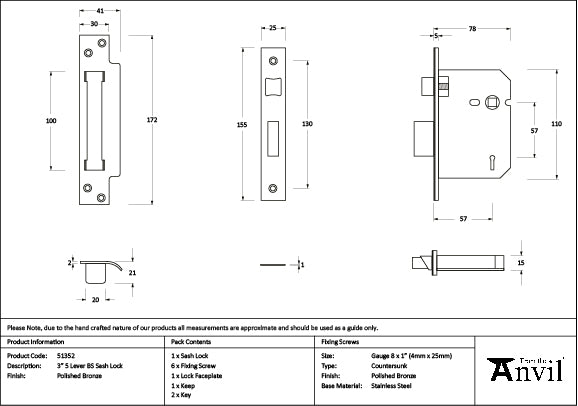 From The Anvil - Polished Bronze 3" 5 Lever BS Sash Lock - 51352
