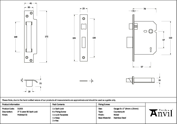 From The Anvil - Polished SS 3" 5 Lever BS Sash Lock - 51353