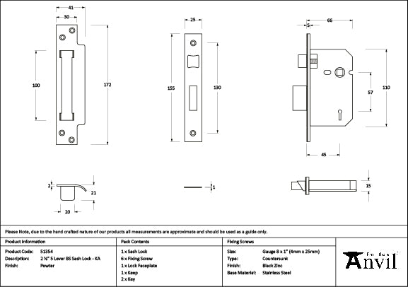 From The Anvil - Pewter 2½" 5 Lever BS Sash Lock Keyed Alike  - 51354