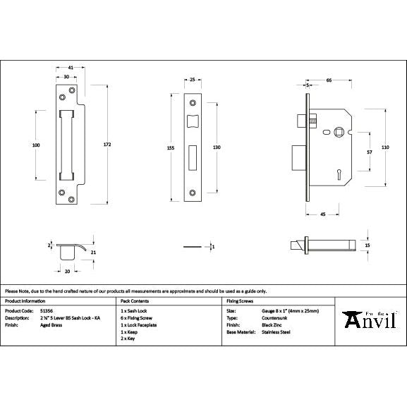 From The Anvil - Aged Brass 2½" 5 Lever BS Sash Lock Keyed Alike  - 51356 - Choice Handles