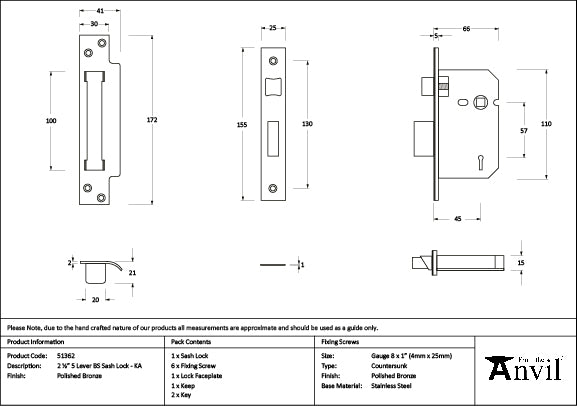 From The Anvil - Polished Bronze 2½" 5 Lever BS Sash Lock Keyed Alike  - 51362