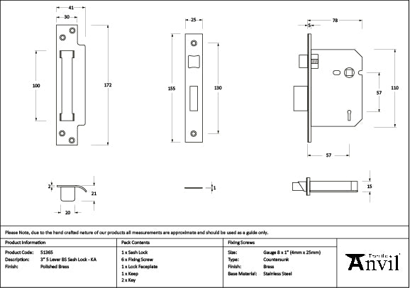 From The Anvil - Polished Brass 3" 5 Lever BS Sash Lock Keyed Alike  - 51365