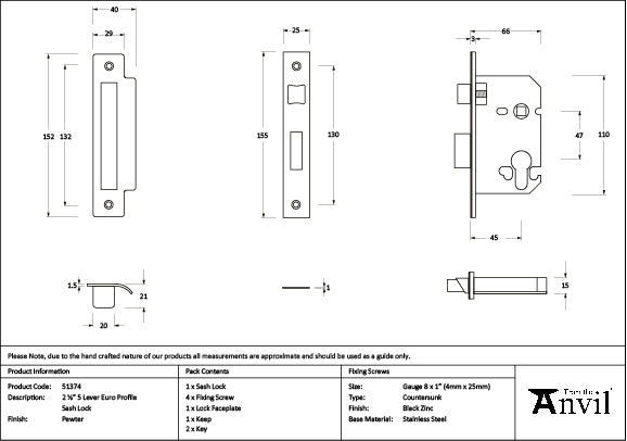 From The Anvil - Pewter 2½" Euro Profile Sash Lock - 51374
