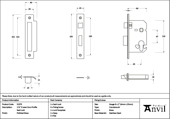 From The Anvil - Polished Brass 2½" Euro Profile Sash Lock - 51375