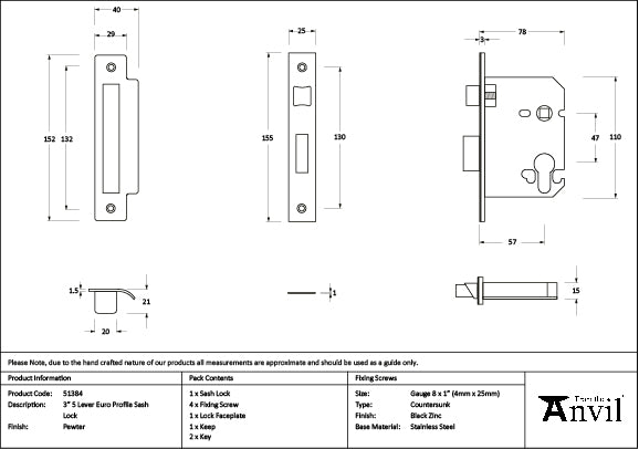 From The Anvil - Pewter 3" Euro Profile Sash Lock - 51384