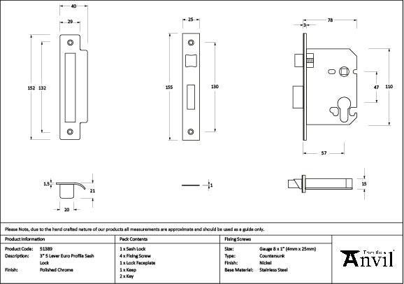 From The Anvil - Polished Chrome 3" Euro Profile Sash Lock - 51389