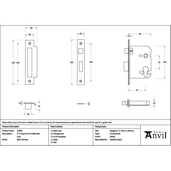 From The Anvil - Satin Chrome 3" Euro Profile Sash Lock - 51390 - Choice Handles