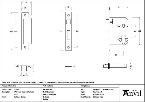 From The Anvil - Polished Bronze 3" Euro Profile Sash Lock - 51392