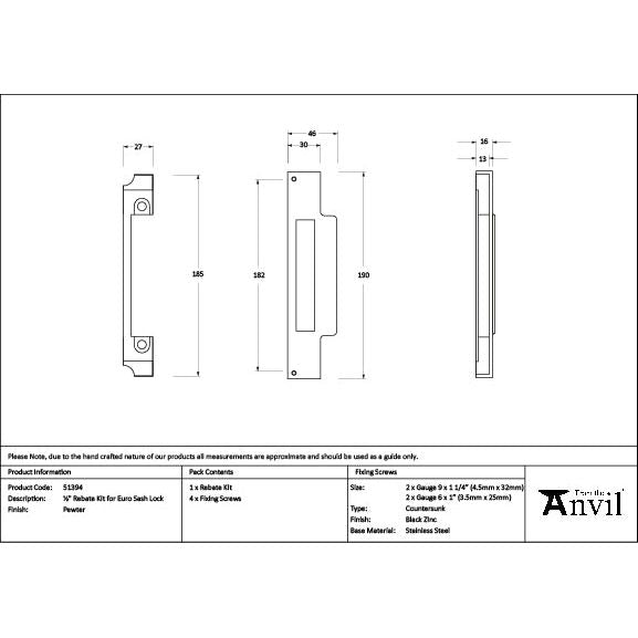 From The Anvil - Pewter ½" Rebate Kit for Euro Sash Lock - 51394 - Choice Handles
