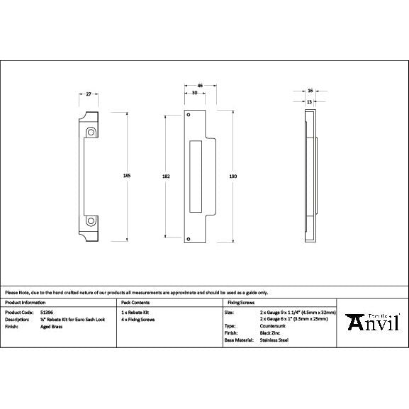From The Anvil - Aged Brass ½" Rebate Kit for Euro Sash Lock - 51396 - Choice Handles
