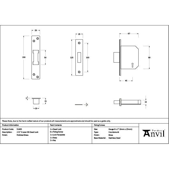 From The Anvil - Polished Brass 2½" 5 Lever BS Dead Lock - 51405