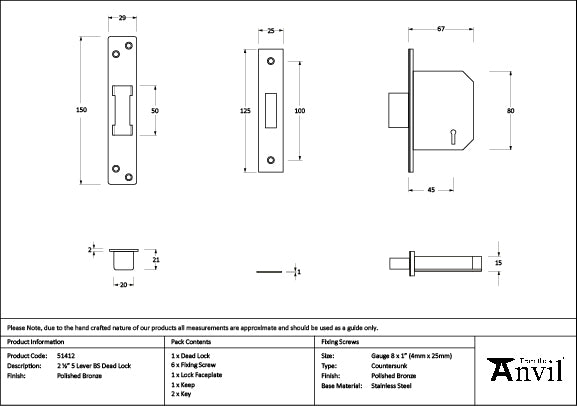 From The Anvil - Polished Bronze 2½" 5 Lever BS Dead Lock - 51412