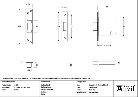 From The Anvil - Pewter 3" 5 Lever BS Dead Lock - 51414