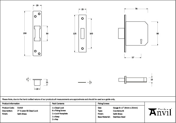 From The Anvil - Satin Brass 3" 5 Lever BS Dead Lock - 51419