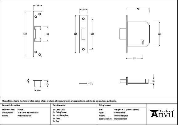 From The Anvil - Polished Bronze 3" 5 Lever BS Dead Lock - 51424