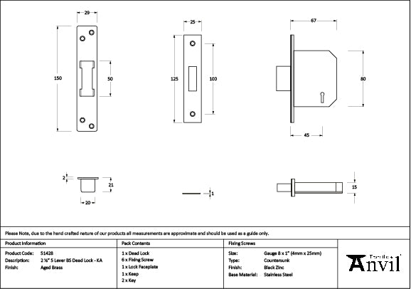 From The Anvil - Aged Brass 2½" 5 Lever BS Dead Lock Keyed Alike  - 51428