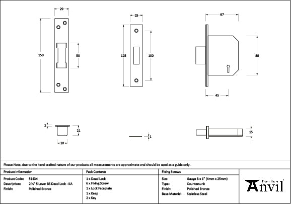 From The Anvil - Polished Bronze 2½" 5 Lever BS Dead Lock Keyed Alike  - 51434