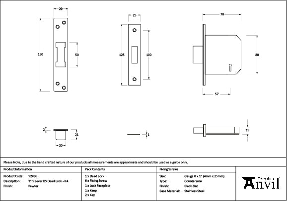 From The Anvil - Pewter 3" 5 Lever BS Dead Lock Keyed Alike  - 51436