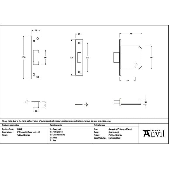 From The Anvil - Polished Bronze 3" 5 Lever BS Dead Lock Keyed Alike  - 51444