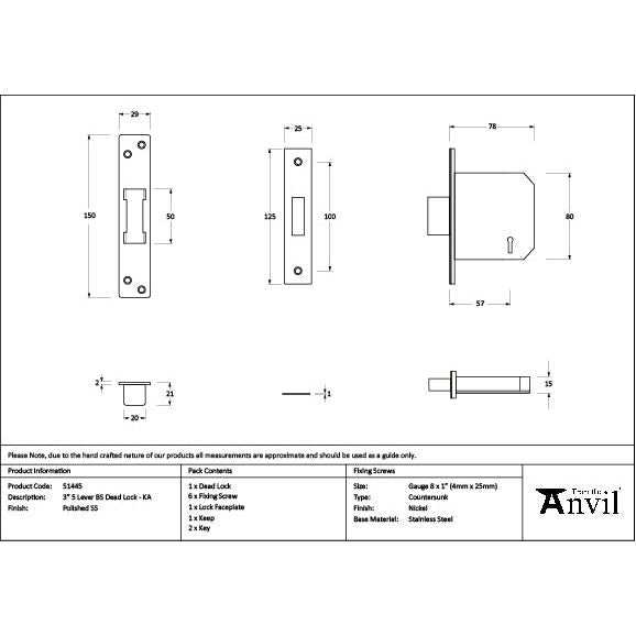 From The Anvil - Polished SS 3" 5 Lever BS Dead Lock Keyed Alike  - 51445