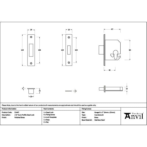 From The Anvil - Polished Brass 2½" Euro Profile Dead Lock - 51447 - Choice Handles