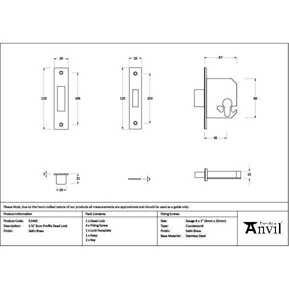 From The Anvil - Satin Brass 2½" Euro Profile Dead Lock - 51449 - Choice Handles