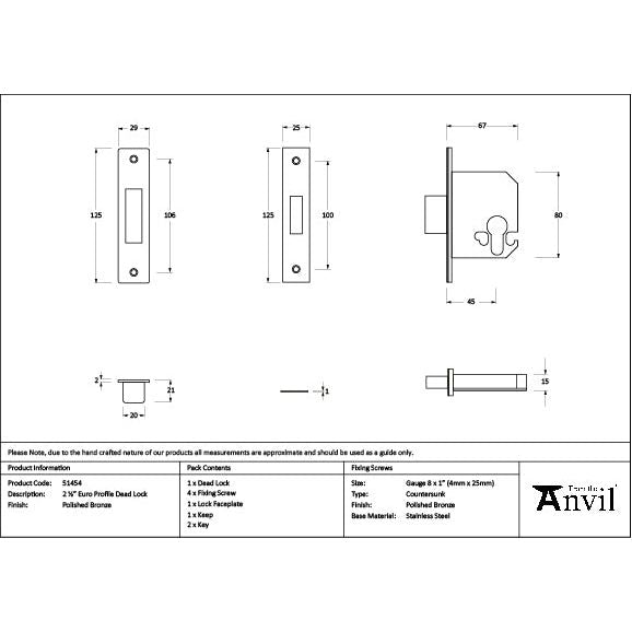 From The Anvil - Polished Bronze 2½" Euro Profile Dead Lock - 51454