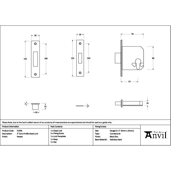 From The Anvil - Pewter 3" Euro Profile Dead Lock - 51456