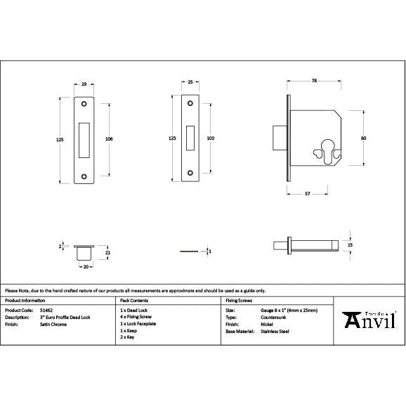 From The Anvil - Satin Chrome 3" Euro Profile Dead Lock - 51462