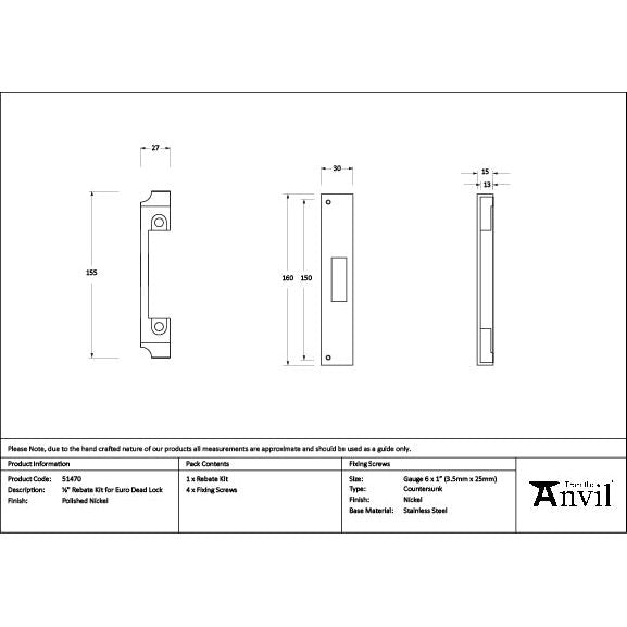 From The Anvil - Polished Nickel ½" Rebate Kit for Euro Dead Lock - 51470 - Choice Handles