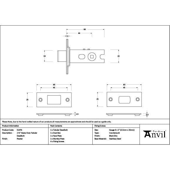 From The Anvil - Pewter 2½" Heavy Duty Tubular Deadbolt - 51476 - Choice Handles