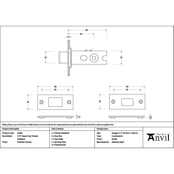 From The Anvil - Polished Chrome 2½" Heavy Duty Tubular Deadbolt - 51481 - Choice Handles