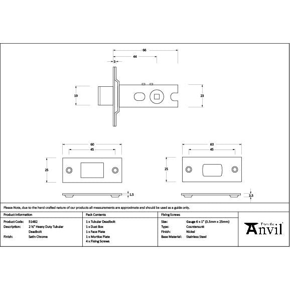 From The Anvil - Satin Chrome 2½" Heavy Duty Tubular Deadbolt - 51482 - Choice Handles