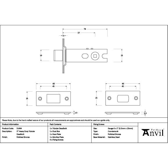 From The Anvil - Polished Bronze 3" Heavy Duty Tubular Deadbolt - 51494 - Choice Handles
