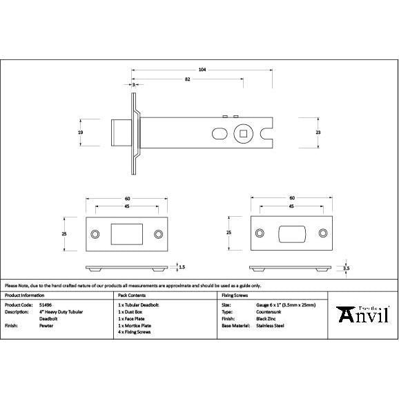 From The Anvil - Pewter 4" Heavy Duty Tubular Deadbolt - 51496 - Choice Handles