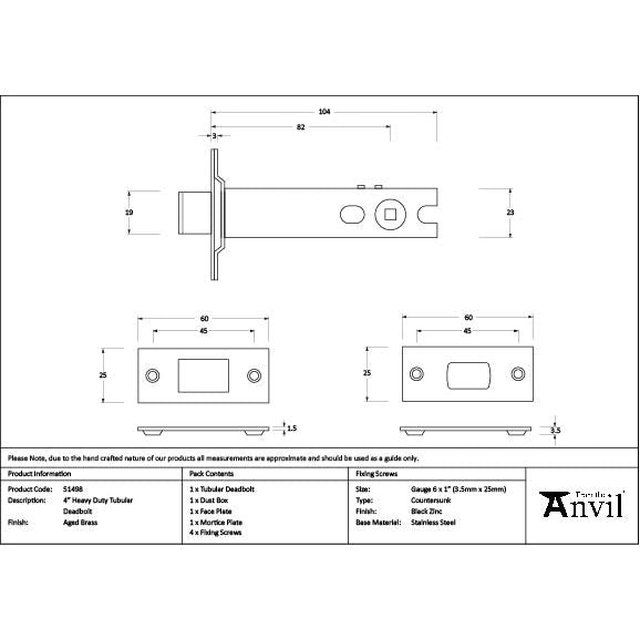 From The Anvil - Aged Brass 4" Heavy Duty Tubular Deadbolt - 51498 - Choice Handles