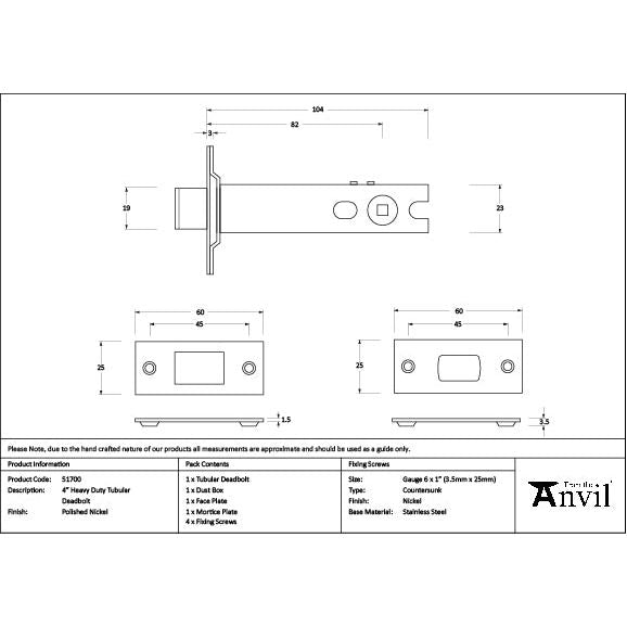 From The Anvil - Polished Nickel 4" Heavy Duty Tubular Deadbolt - 51700 - Choice Handles