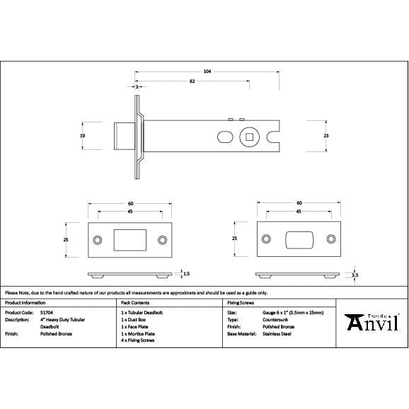 From The Anvil - Polished Bronze 4" Heavy Duty Tubular Deadbolt - 51704 - Choice Handles