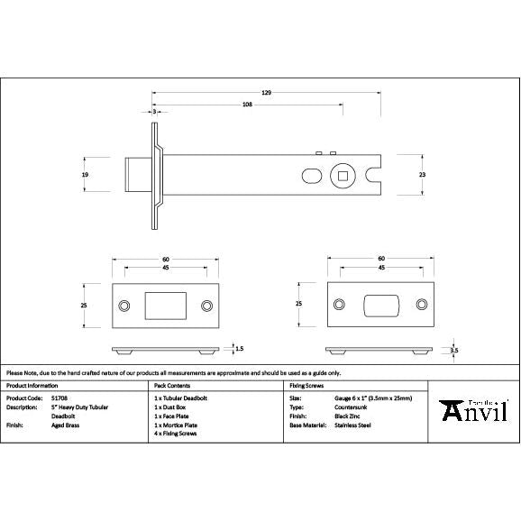 From The Anvil - Aged Brass 5" Heavy Duty Tubular Deadbolt - 51708 - Choice Handles