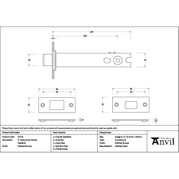 From The Anvil - Polished Bronze 5" Heavy Duty Tubular Deadbolt - 51714 - Choice Handles