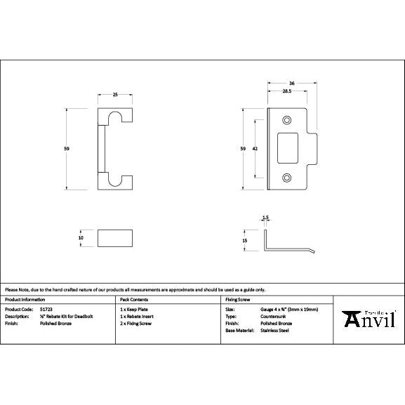 From The Anvil - Polished Bronze ½" Rebate Kit for Deadbolt - 51723 - Choice Handles