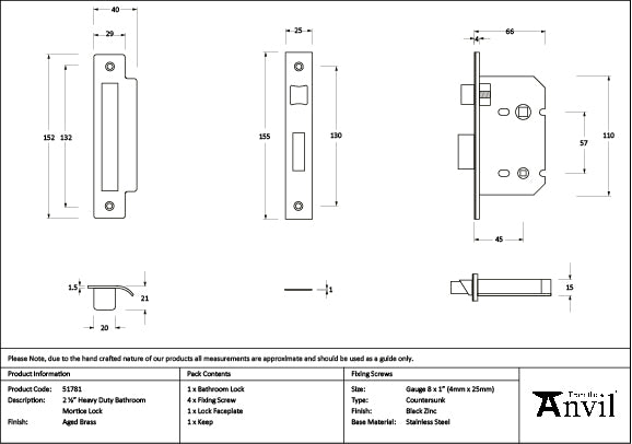 From The Anvil - Aged Brass 2½" Heavy Duty Bathroom Mortice Lock - 51781