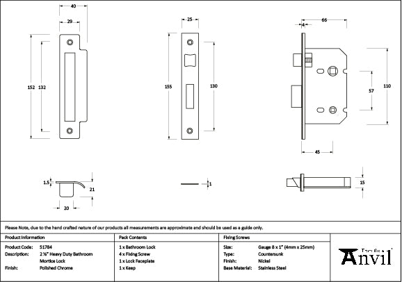 From The Anvil - Polished Chrome 2½" Heavy Duty Bathroom Mortice Lock - 51784