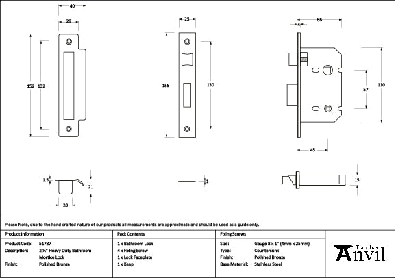 From The Anvil - Polished Bronze 2½" Heavy Duty Bathroom Mortice Lock - 51787
