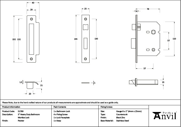 From The Anvil - Pewter 3" Heavy Duty Bathroom Mortice Lock - 51789