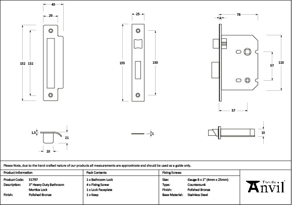 From The Anvil - Polished Bronze 3" Heavy Duty Bathroom Mortice Lock - 51797