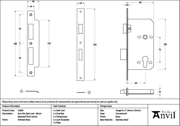 From The Anvil - Polished Brass Euro Din Sash Lock - 60mm Backset/72mm Centre - 51800