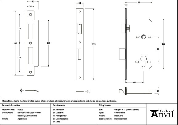 From The Anvil - Aged Brass Euro Din Sash Lock - 60mm Backset/72mm Centre - 51801
