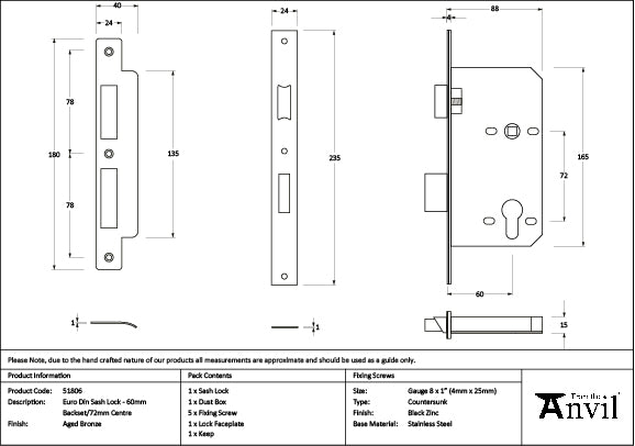 From The Anvil - Aged Bronze Euro Din Sash Lock - 60mm Backset/72mm Centre - 51806